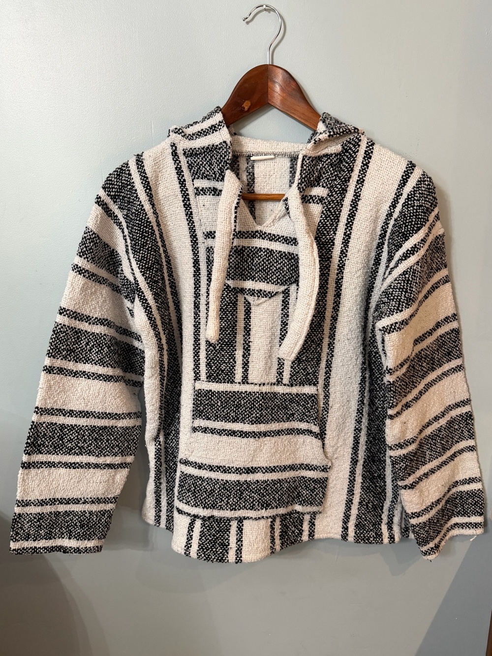 Striped Hooded Baja Sweater Pullover - Black & Cream with pocket